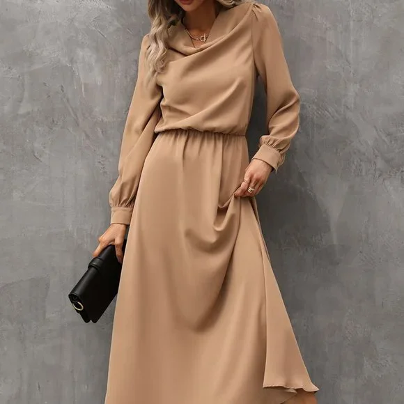 Brand new Draped Collar Bishop Sleeve Dress Camel - Picture 8 of 9